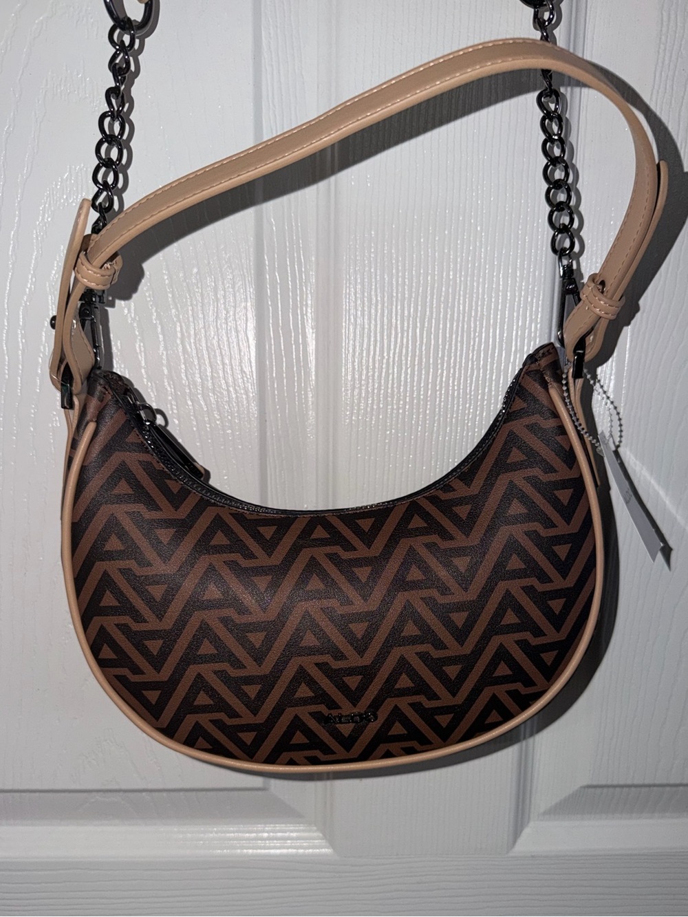 Aldo Brown and Beige Geometric Crescent Shoulder Bag